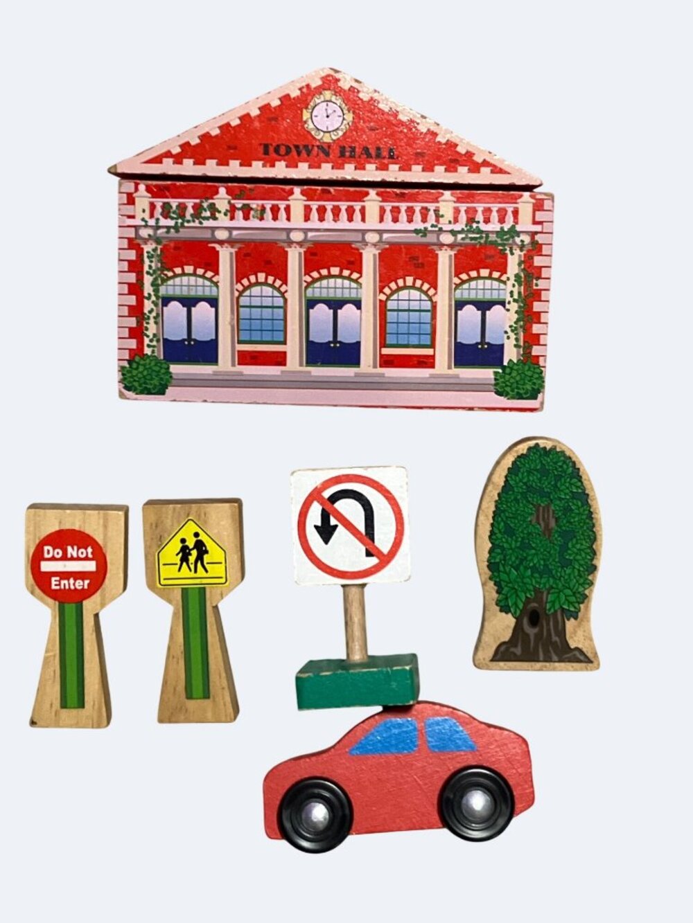 Wooden Town Hall & Accessories Set With Traffic Signs & Vehicle